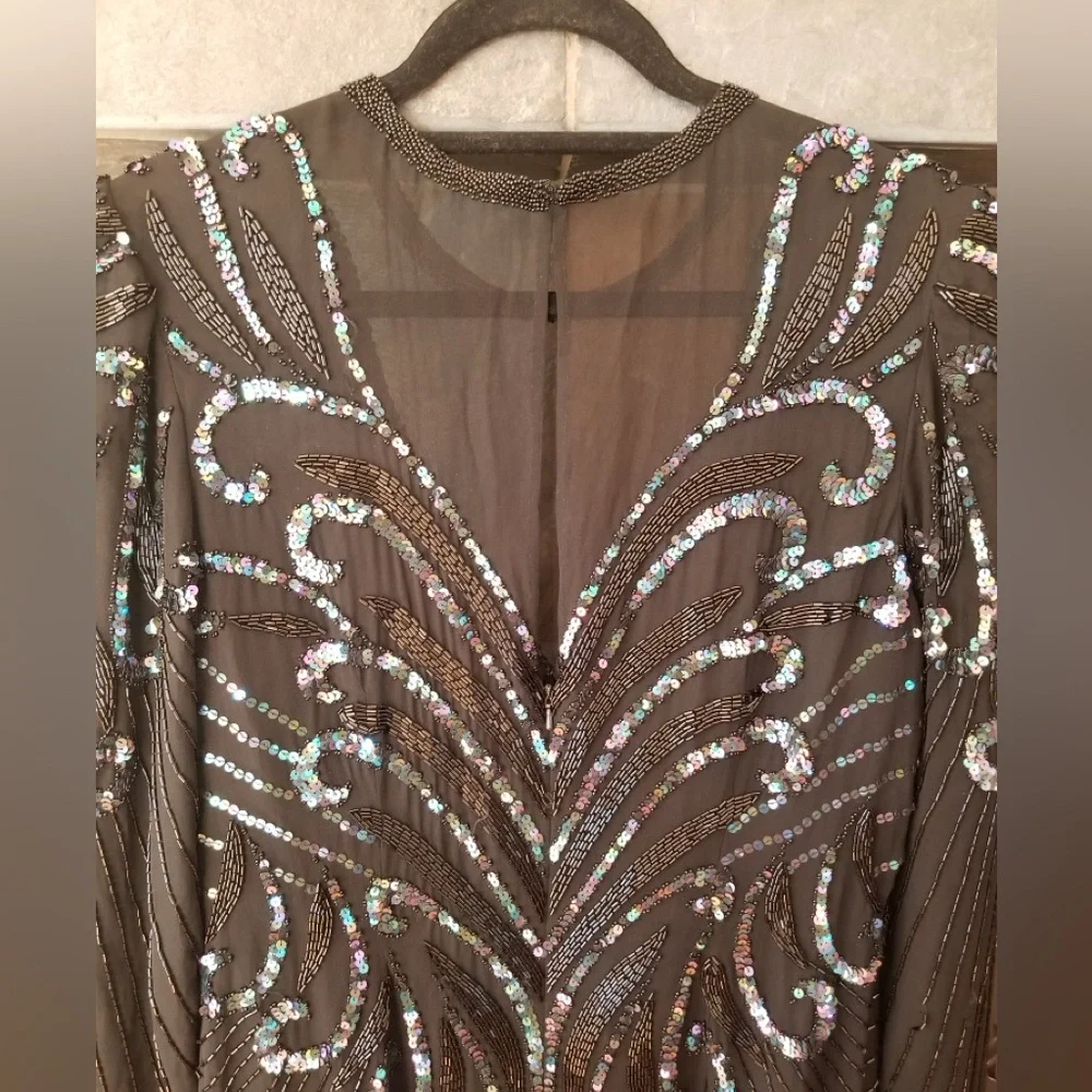 AJ Bari Beaded Silk Formal Dress With Illusion Neck and Long Sleeves Midi Length